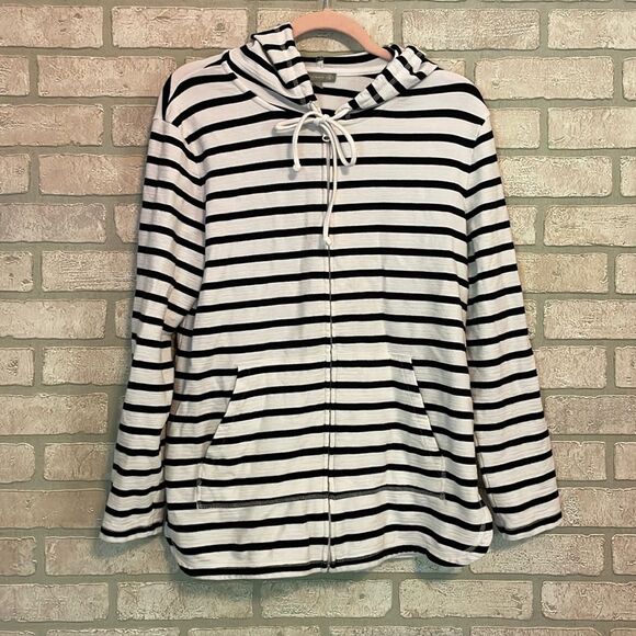 T By Talbots Womens Black white Striped Full Zip Hooded jacket Size Large - Picture 1 of 6